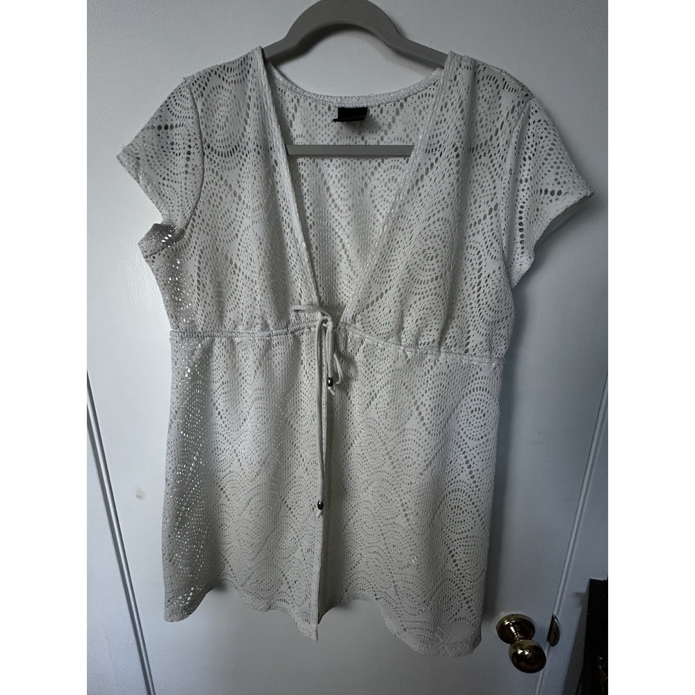 Apt 9 Womens Medium Mesh Swim Suit Cover Up White V-Neck Elastic Tie Waist SS